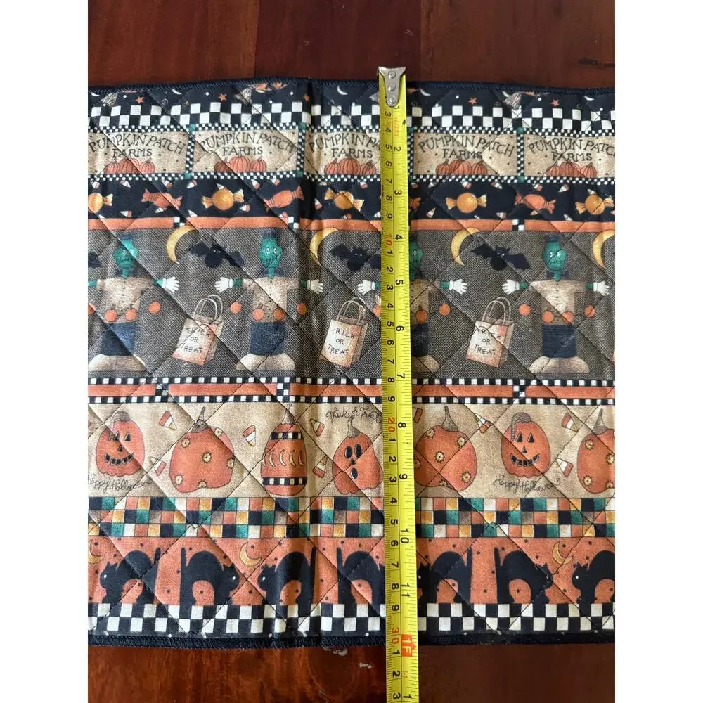 VTG 90s Debbie Mumm Halloween Cloth Table Runner Cat Frankenstein Pumpkin 71 in